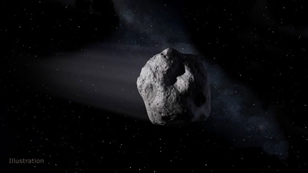 An artist's illustration depicts a typical asteroid. Quasi-moon 2025 PN7 is an asteroid that orbits the sun but appears close to Earth.