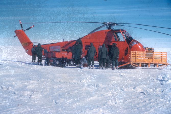 A helicopter on the ice at Camp Century. Weiss said he disliked making the journey to and from the research base.