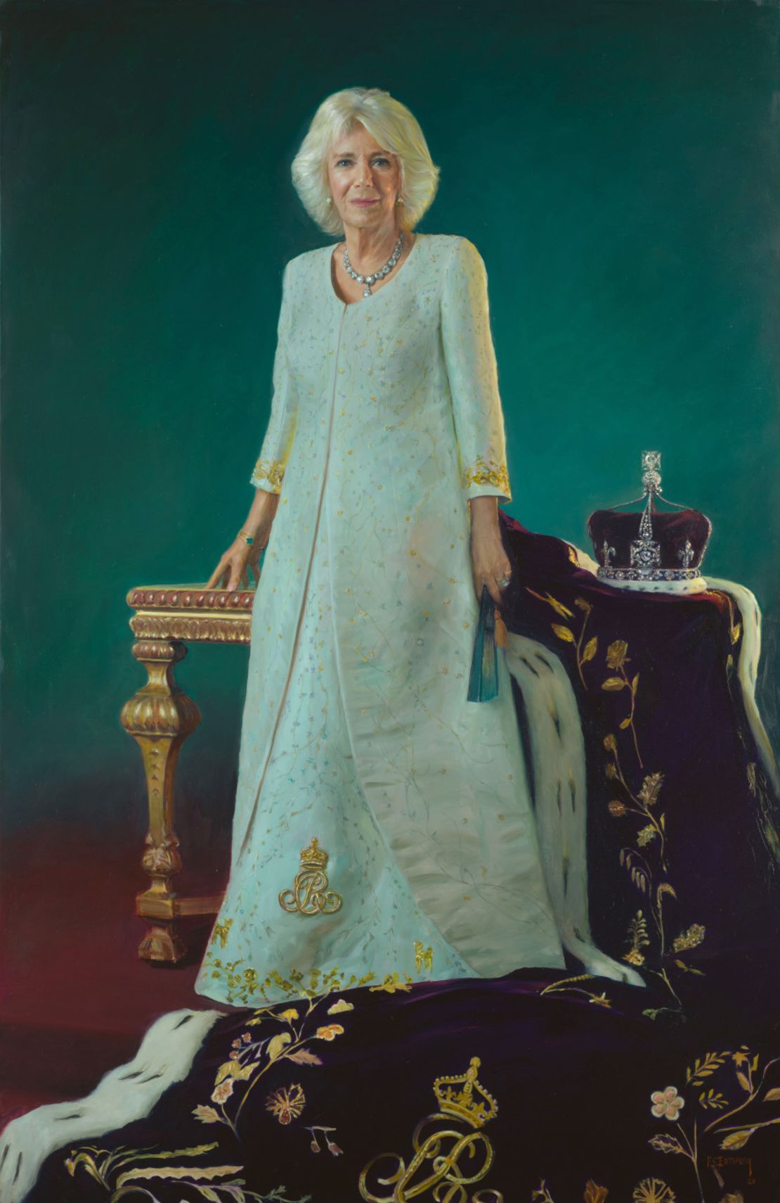 Queen Camilla was captured by Paul Benney. Camilla is the second consecutive monarch to have been painted by Benney, after the late Queen Elizabeth II.