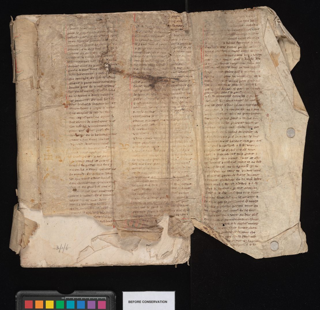 Some of the text, written in Old French, was faded or worn over time, likely by a leather strap.