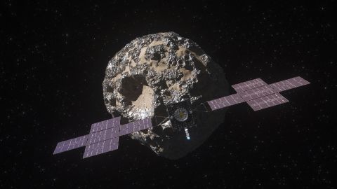 This illustration, updated in April 2022, depicts NASA's Psyche spacecraft. Set to launch in August 2022, the Psyche mission will explore a metal-rich asteroid of the same name that lies in the main asteroid belt between Mars and Jupiter. The spacecraft will arrive in early 2026 and orbit the asteroid – also shown in this illustration – for nearly two years to investigate its composition.