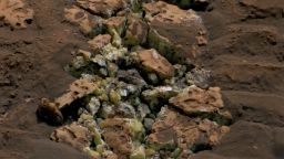 These yellow crystals were revealed after NASA’s Curiosity happened to drive over a rock and crack it open on May 30. Using an instrument on the rover’s arm, scientists later determined these crystals are elemental sulfur — and it’s the first time this kind of sulfur has been found on the Red Planet.