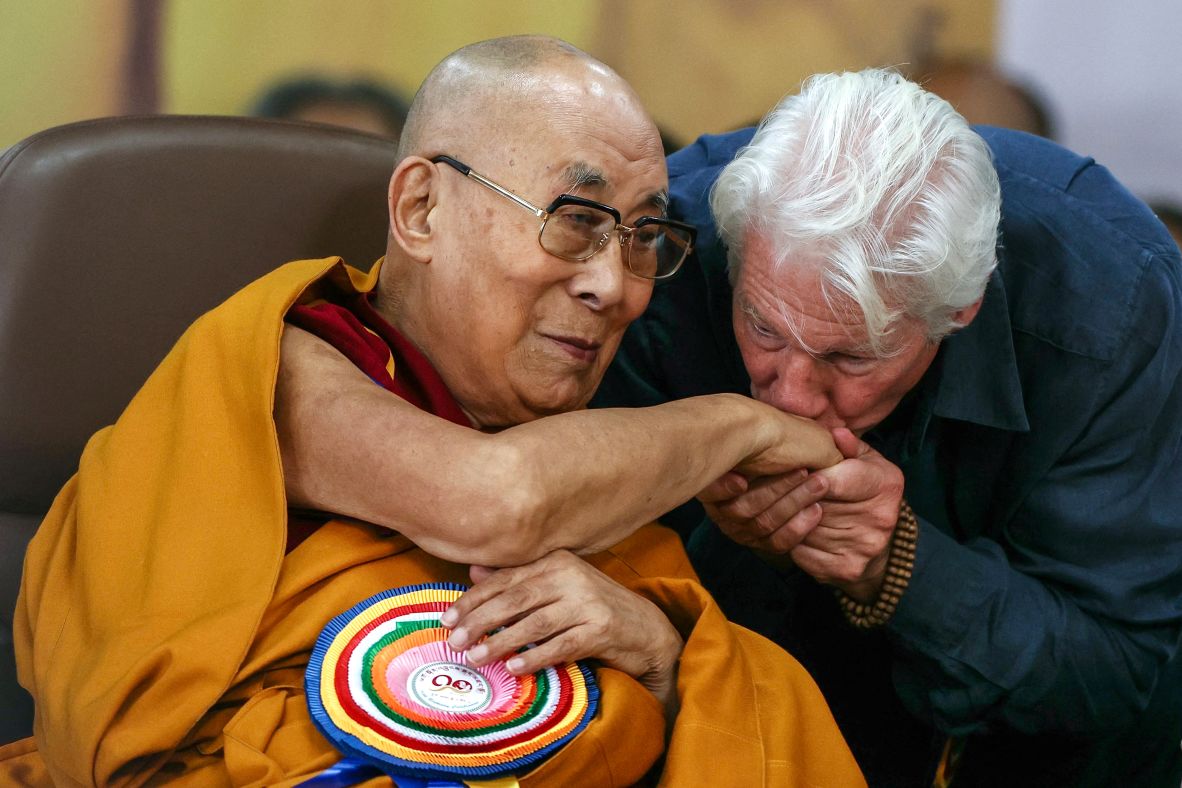 Actor Richard Gere kisses the hand of the Dalai Lama in McLeod Ganj, India, on Sunday, July 6. The Dalai Lama was <a  target="_top" href="/newspapers?url=https://www.cnn.com/2025/07/06/asia/dalai-lama-90th-birthday-india-china-intl-hnk">celebrating his 90th birthday</a>.