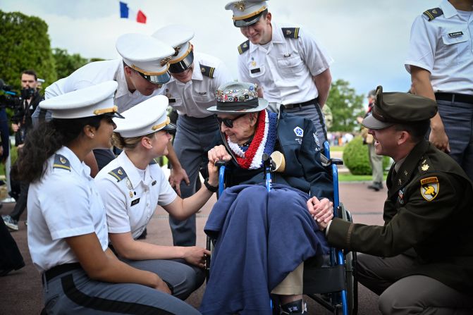 Jake Larson, a 102-year-old World War II veteran who took part in the <a  target="_top" href="/newspapers?url=https://www.cnn.com/2024/06/05/europe/gallery/d-day-normandy-invasion">D-Day landings</a>, attends a memorial ceremony in Normandy, France, on the landings’ 81st anniversary on Friday, June 6.
