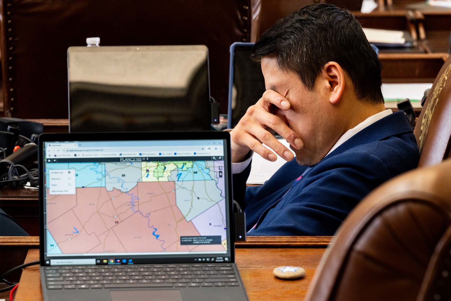 Texas House Democratic Caucus Chair Gene Wu reacts while listening during a House meeting at the State Capitol in Austin, Texas, on Wednesday, August 20. Texas lawmakers continued convening over a newly introduced plan to redraw Texas' congressional maps ahead of the 2026 midterm elections.
