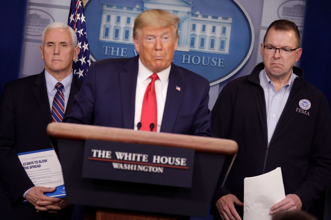 FEMA Administrator Pete Gaynor, right, attends a news conference with President Donald Trump and Vice President Mike Pence amid the initial COVID-19 outbreak, in Washington, DC, on March 22, 2020.