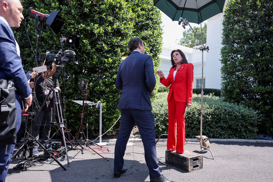 Jeanine Pirro speaks with a reporter following President Donald Trump's announcement that he would be deploying federal law enforcement agents to Washington, DC, on August 11.