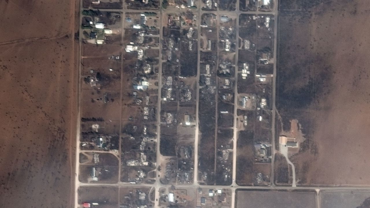 Satellite images show homes in Fritch, Texas, before the wildfire (in August 2023), and after (on Wednesday).