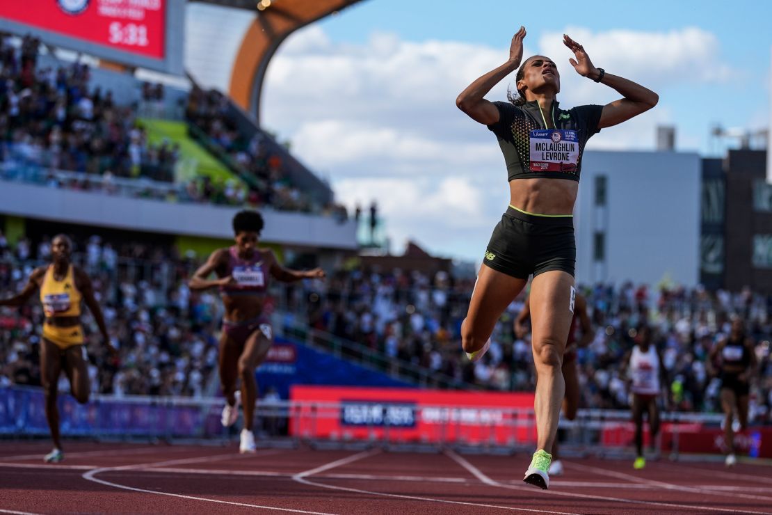 Sydney McLaughlin-Levrone reacts to winning the women's 400-meter hurdles final during the U.S. Track and Field Olympic Team Trials, Sunday, June 30, 2024, in Eugene, Ore. (AP Photo/Charlie Neibergall)