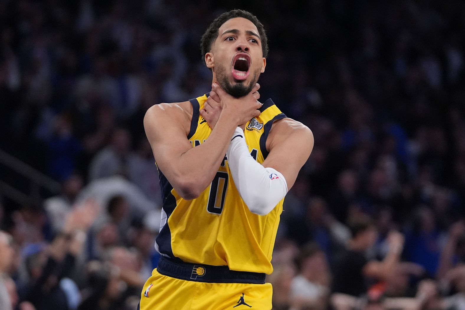 Indiana Pacers guard Tyrese Haliburton makes a choking gesture after his buzzer-beating shot forced overtime in Game 1 of the NBA’s Eastern Conference Finals on Wednesday, May 21. <a href="https://www.cnn.com/2025/05/22/sport/tyrese-haliburton-pacers-knicks-ecf-spt">Haliburton and the Pacers stunned the New York Knicks</a>, winning 138-135 after they trailed by 14 points with less than three minutes to go in regulation. Haliburton’s choking gesture paid homage to Pacers legend Reggie Miller, who famously made the same gesture to Knicks superfan Spike Lee during a playoff comeback in 1994. Miller was courtside Wednesday as an announcer for TNT.