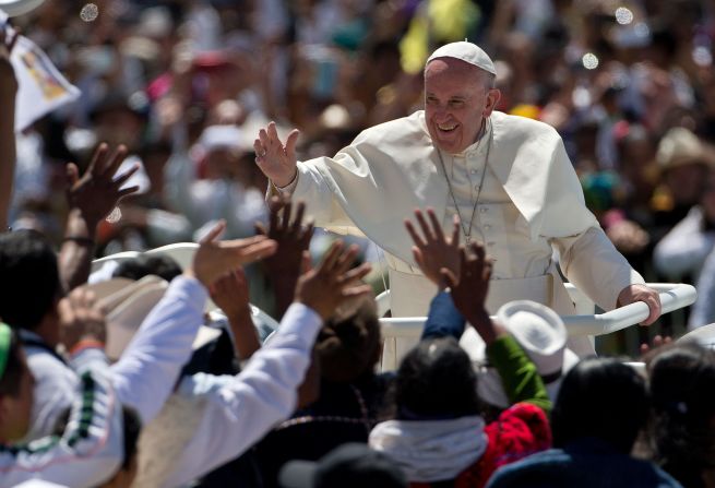 Pope Francis waves to the crowd after celebrating Mass in San Cristobal de las Casas, Mexico, in February 2016.