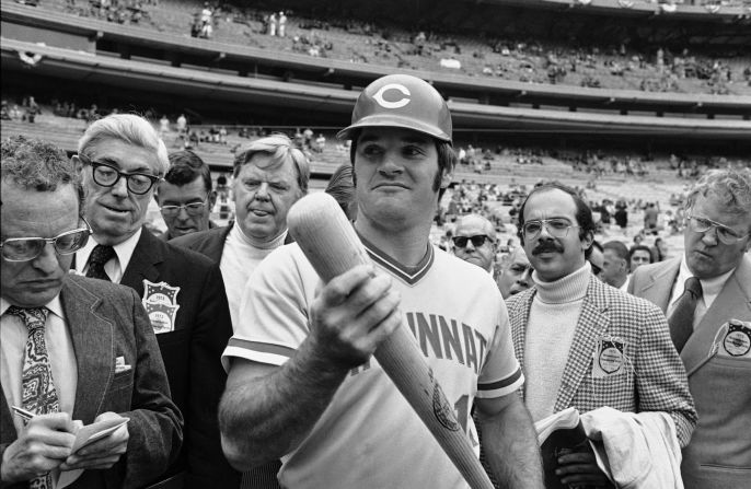 Rose talks to the media before a game in New York in 1973. He won his third batting title that year and was named National League Most Valuable Player.