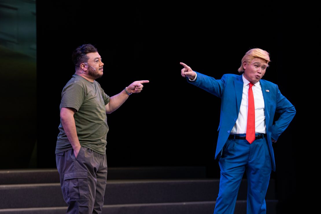 Cantonese opera actor Loong Koon-tin, portraying US President Donald Trump, performs on stage alongside actor Roger Chan, portraying Ukrainian President Volodymyr Zelensky at the Xiqu Centre, in Hong Kong, China, on Friday, June 6, 2025.