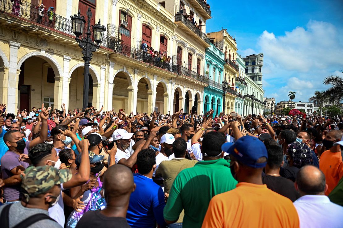 People take part in a demonstration against the government of Cuban President Miguel Diaz-Canel in Havana, on July 11, 2021.