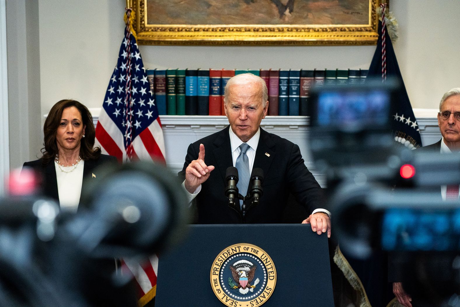 Biden addresses the nation from the Roosevelt Room of the White House on July 14. <a href="index.php?page=&url=https%3A%2F%2Fwww.cnn.com%2F2024%2F07%2F14%2Fpolitics%2Fvideo%2Fbiden-speech-trump-assassination-attempt-digvid">In a speech from the Oval Office later than day</a>, he called on the country to "lower the temperature in our politics" following the assassination attempt on Trump.