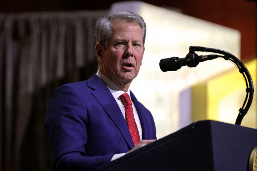 Brian Kemp, governor of Georgia, speaks during a meeting of the Republican Governors Association at the National Building Museum in Washington, DC, on February 20, 2025.