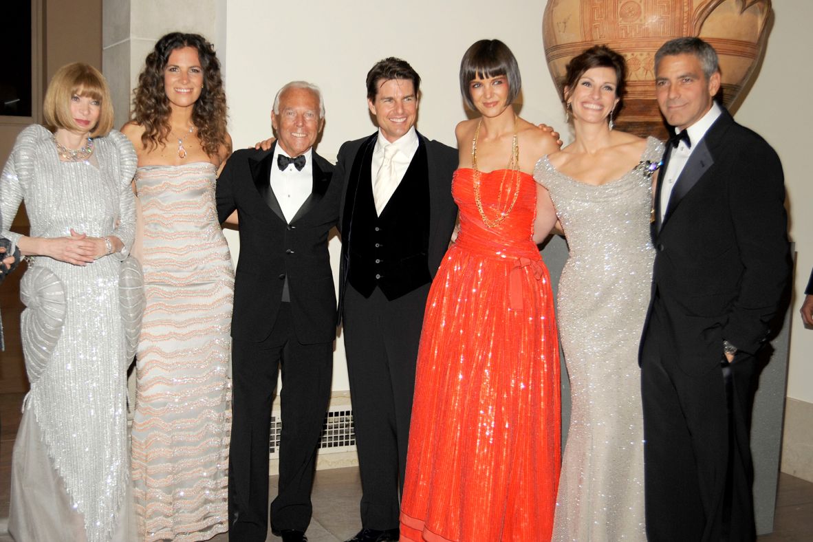From left to right: Anna Wintour, Roberta Armani, Giorgio Armani, Tom Cruise, Katie Holmes, Julia Roberts and George Clooney attend the 2008 Met Gala at the Metropolitan Museum of Art in New York.