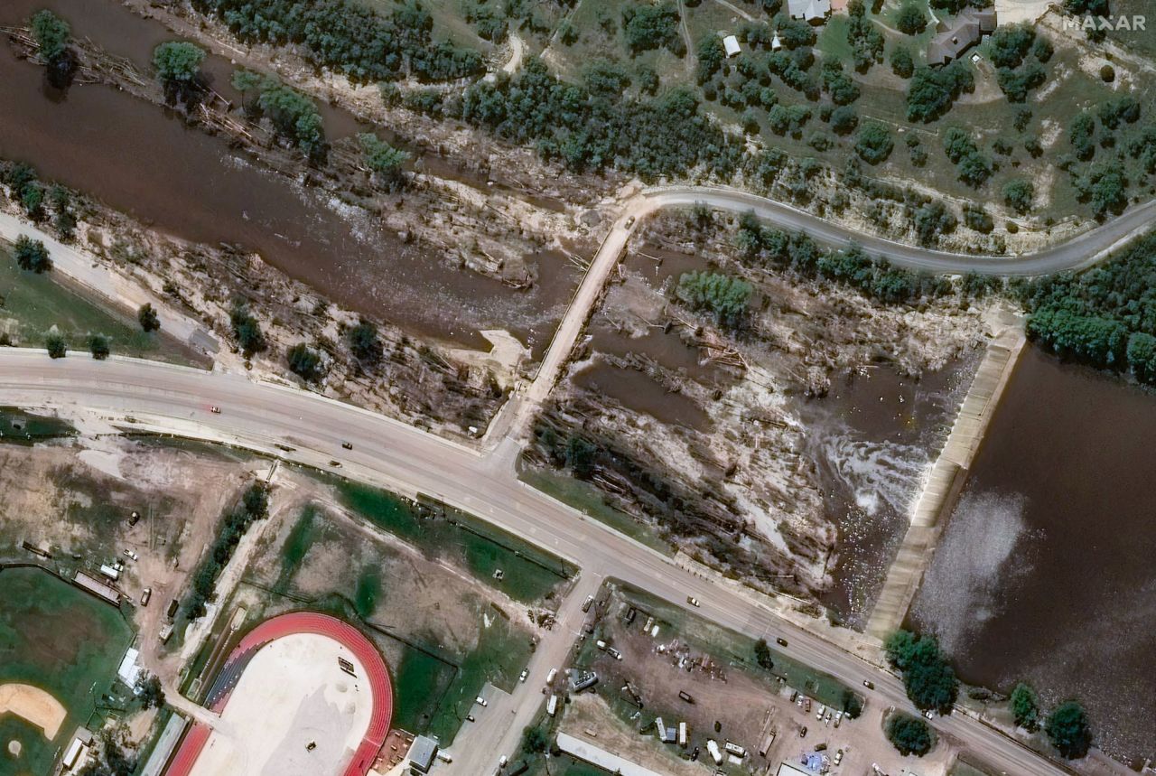 A satellite image of the Ingram Dam on the Guadalupe River on July 8, 2025, after the floods.