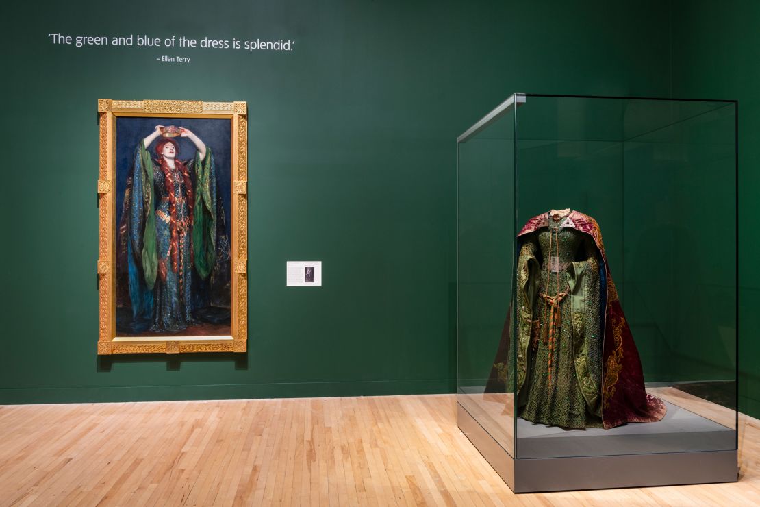 The show pairs portraits with the original costume worn by the sitter, as demonstrated here with Sargent rendition of actor Ellen Terry as Lady Macbeth in 1889.