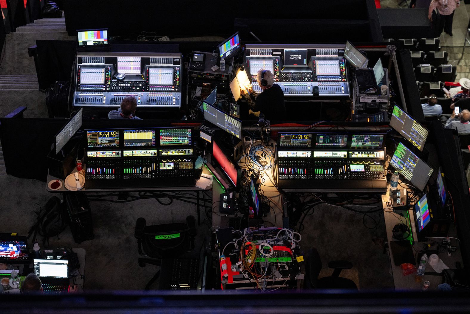 Television control panels are set up at the convention venue on Tuesday.