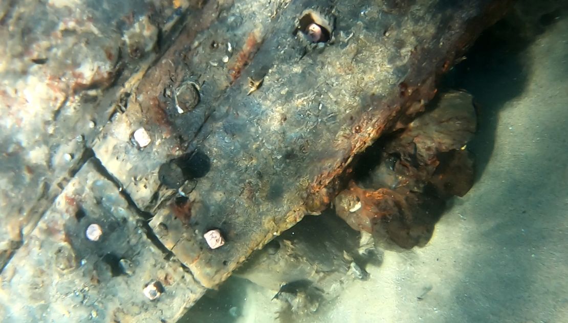 Part of a shipwreck is seen underwater after it washed ashore at Cape Ray, a small coastal community in Newfoundland, Canada, on January 20.