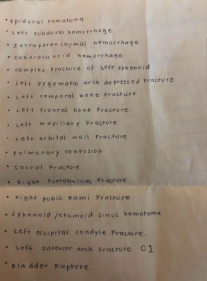 Baylie's stepfather, Scott Baker, kept a detailed list of her injuries.