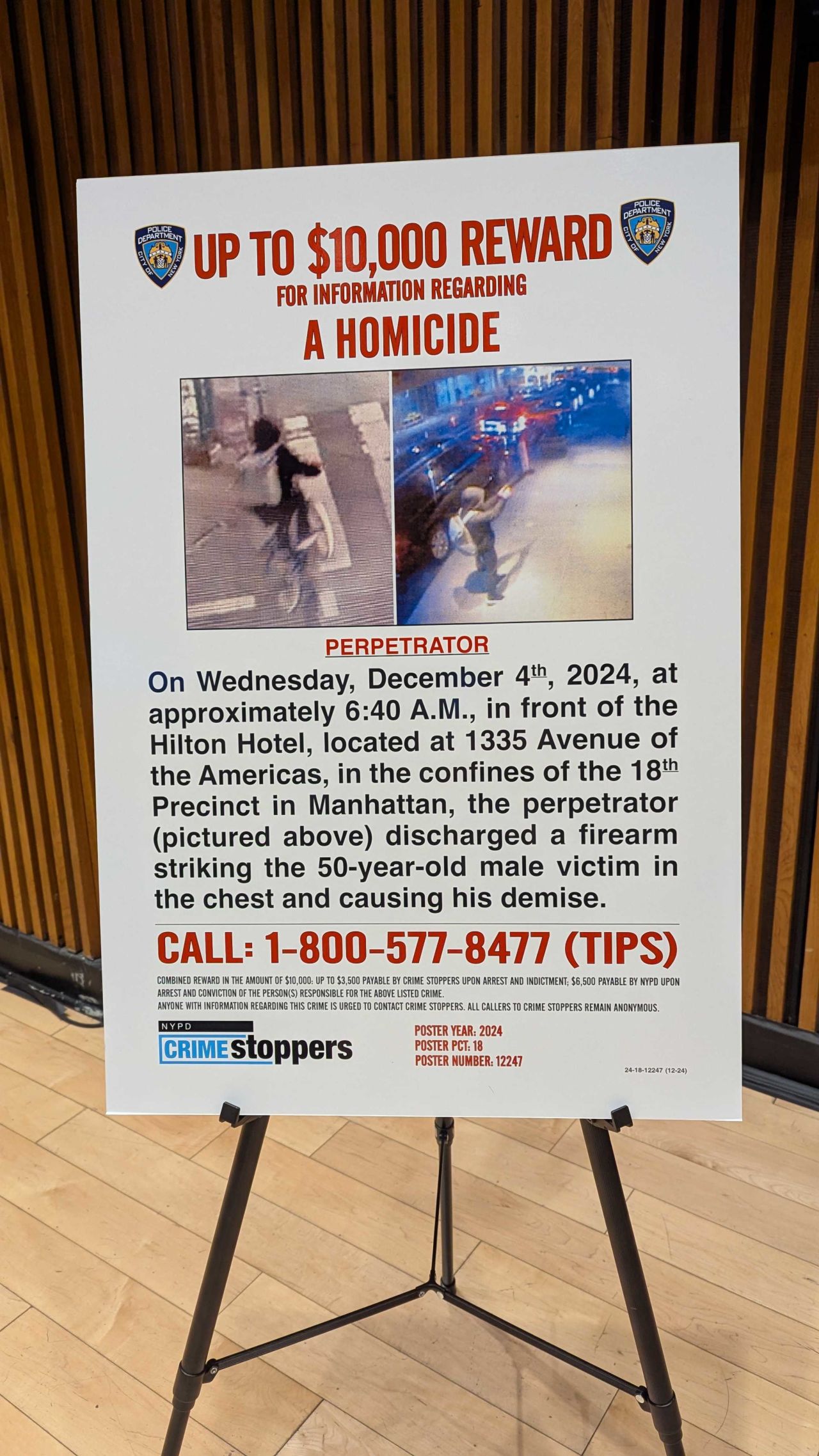 A NYPD crime stoppers poster is seen at a press conference on the shooting of UnitedHealthcare CEO Brian Thompson in New York on December 4, 2024.