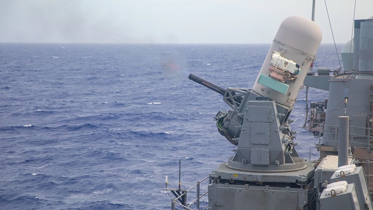Ticonderoga-class guided-missile cruiser USS Antietam (CG 54) fires a Phalanx Close-In Weapon System (CIWS) during a live-fire exercise, Philippine Sea, on June 6, 2022.