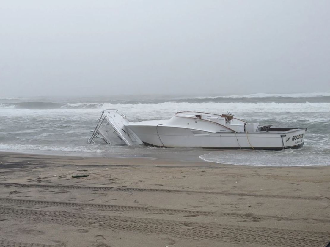 The GoodRun, a 30-foot recreational vessel sits near shore 2.5 miles south of Oregon Inlet, North Carolina, March 4, 2024.