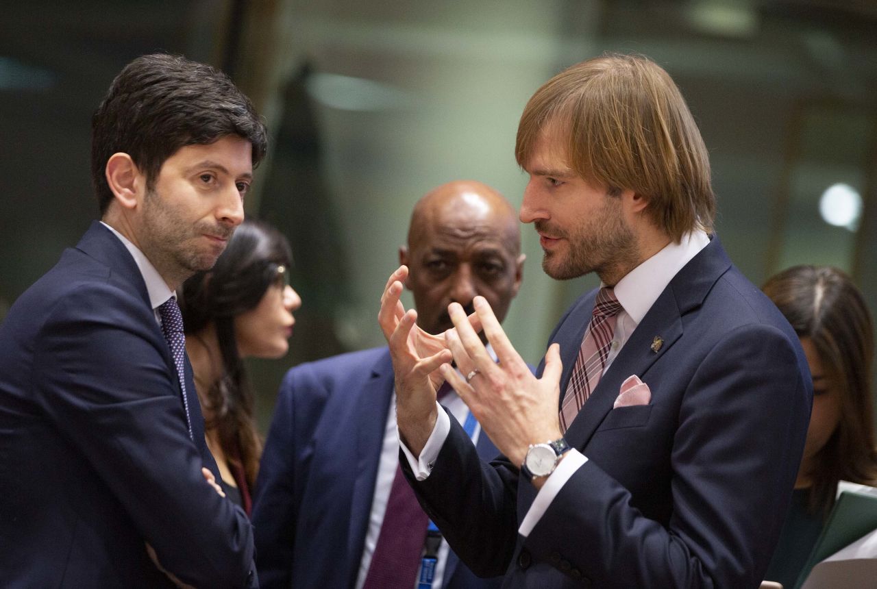 The Czech health minister Adam Vojtěch, right, speaks with Italian health minister Roberto Speranza during an extraordinary meeting of EU health ministers in Brussels, Belgium, on Friday, to discuss the coronavirus outbreak.