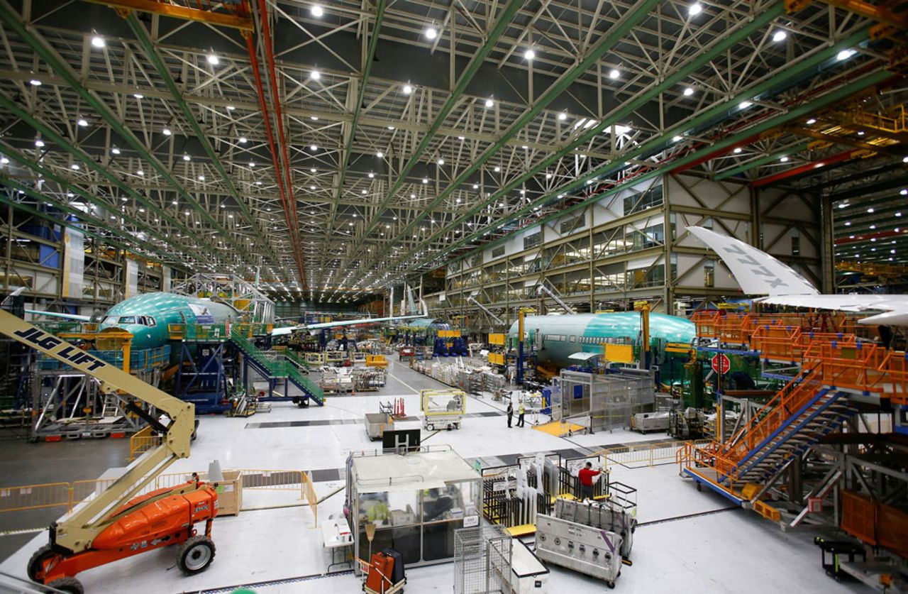 Several Boeing 777X aircrafts are seen in production during a media tour of the Boeing production facility in Everett, Washington, on February 27, 2019. 