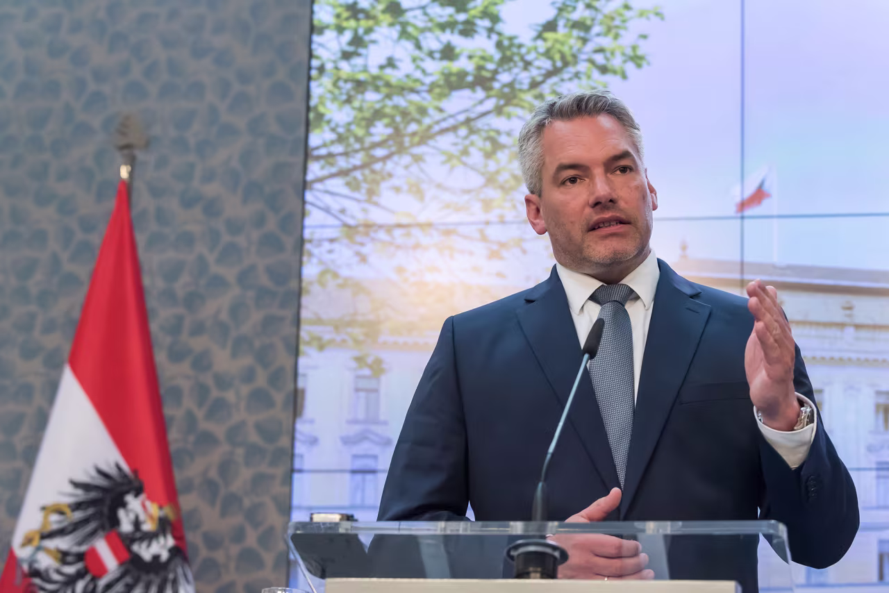 Chancellor of Austria, Karl Nehammer seen during a joint press conference in Prague, Czech Republic, on May 17.