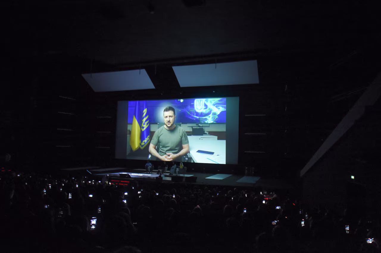 President of Ukraine, Volodymyr Zelensky, speaks on stage during the Creativity Under Bombs talk at the Lumiere Theatre, Cannes Lions 2022 on June 20, in Cannes, France. 