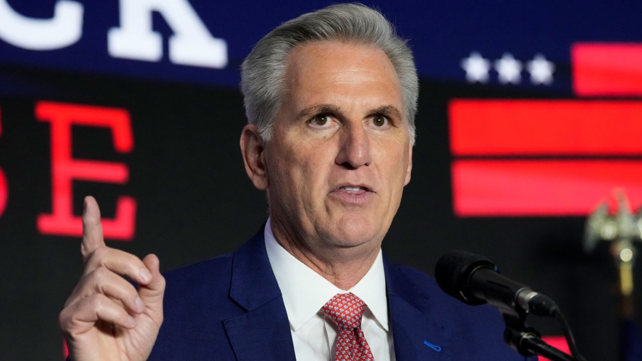 House Minority Leader Kevin McCarthy speaks at his election event in Washington, DC, early on Wednesday.