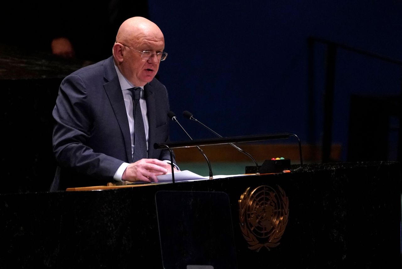 Vasily Nebenzya speaks at the UN headquarters in New York on February 22.