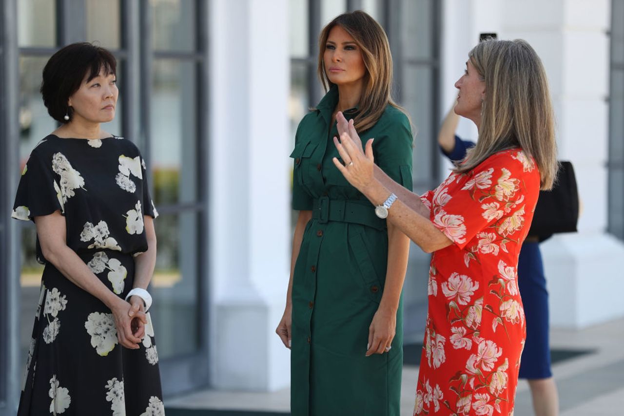 First lady Melania Trump and Japan's first lady Akie Abe are given a tour of the Flagler museum by Erin Manning (R), executive director of the Museum, on Wednesday in Palm Beach, Florida.