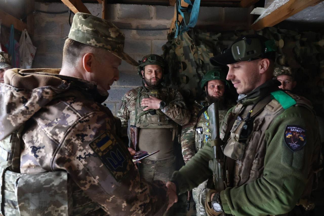 Ukrainian Colonel-General Oleksandr Syrskyi visits the eastern Ukrainian city of Bakhmut, Ukraine, on May 1.