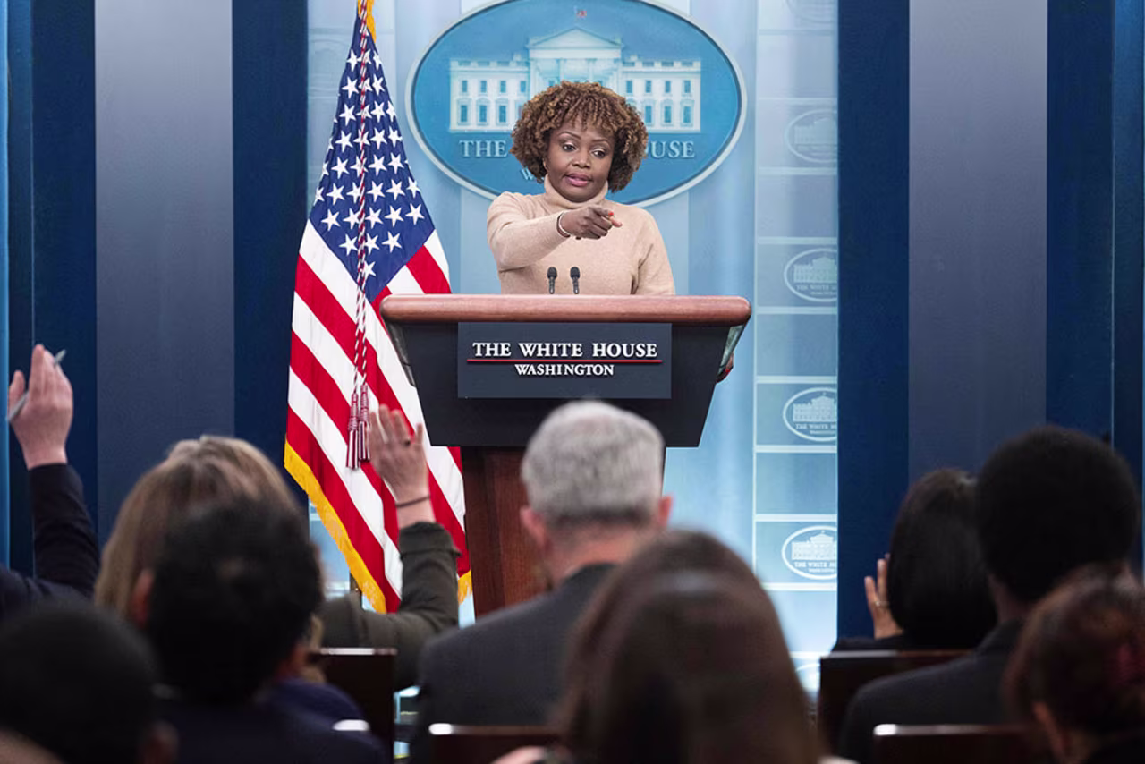 White House Press Secretary Karine Jean-Pierre speaks during the daily briefing on Thursday, March 30.