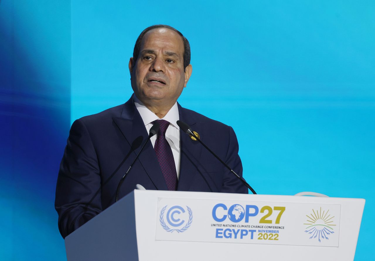 Egyptian President Abdel Fattah El-Sisi speaks during the Sharm El-Sheikh Climate Implementation Summit (SCIS) of the UNFCCC COP27 climate conference on November 7.