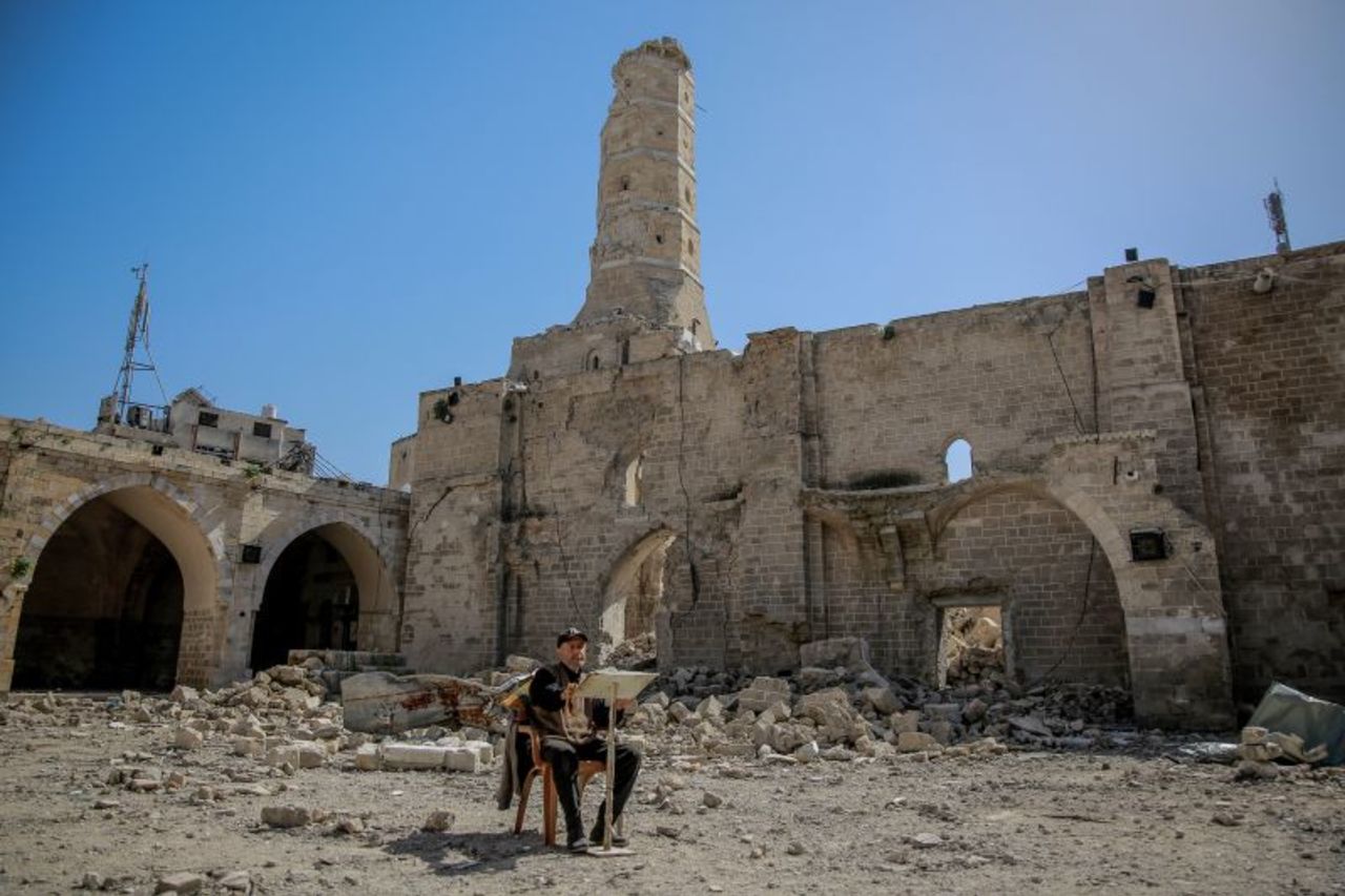 Grand Omar Mosque destroyed in Israel's bombardments is seen on March 12 in Gaza City.