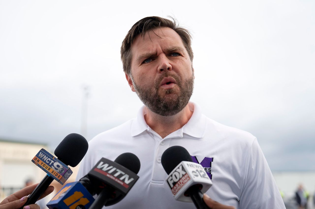 Sen. JD Vance speaks with media at the airport before he departs on September 14 in Greenville, North Carolina. 