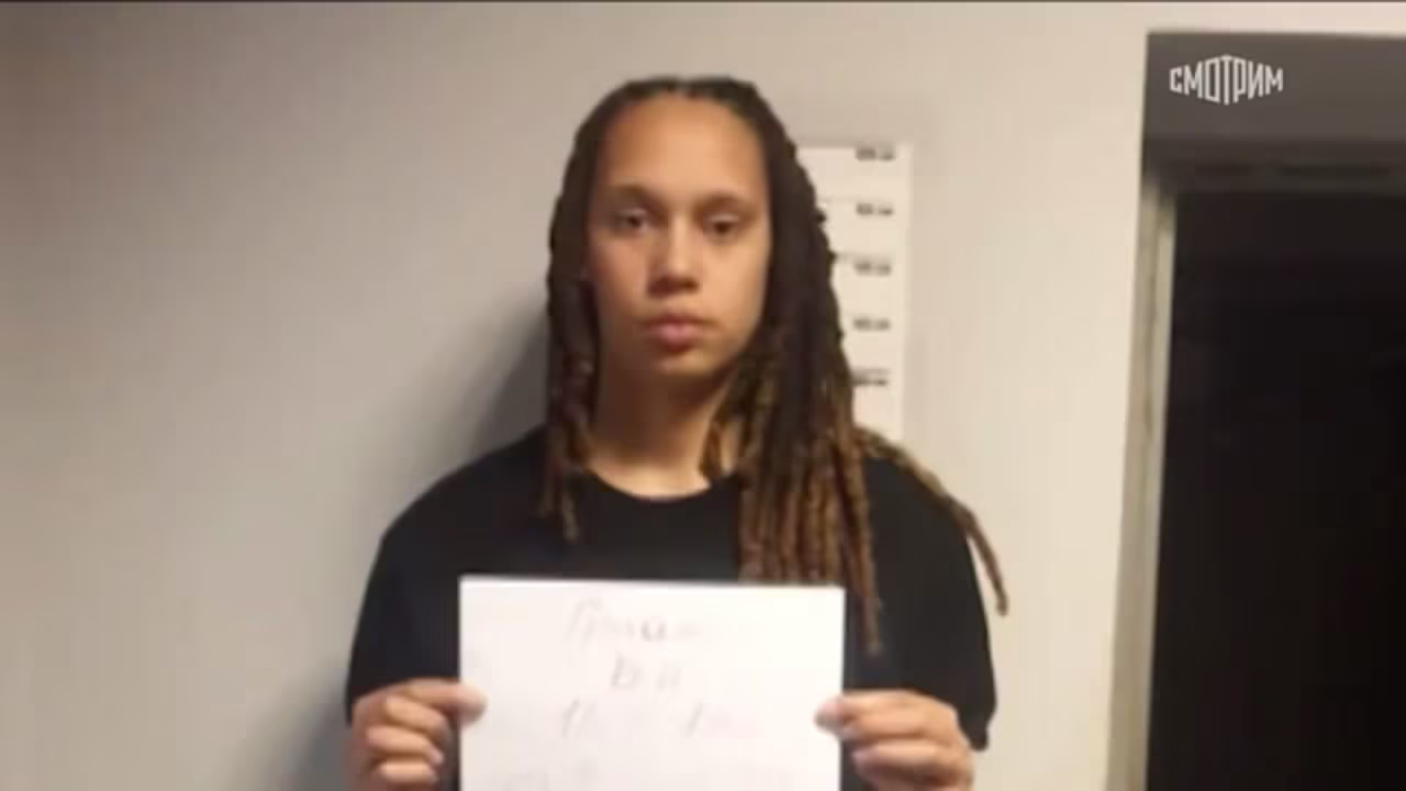 Photo of Brittney Griner at a Russian police station, shown on Russian state TV, in early March.