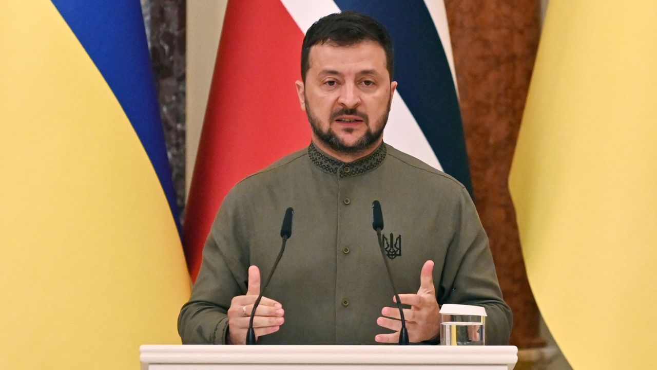 Ukraine's President Volodymyr Zelensky gives a press conference following his meeting with his Norwegian counterpart in Kyiv, Ukraine, on August 24, 2023.