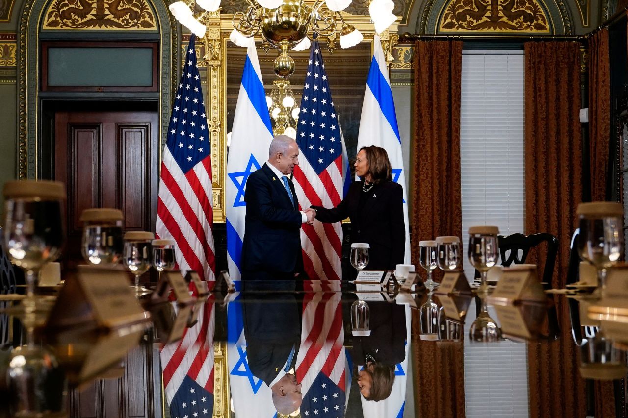 Vice President Kamala Harris meets with Israeli Prime Minister Benjamin Netanyahu at the Eisenhower Executive Office Building on the White House grounds in Washington, DC, on July 25. 