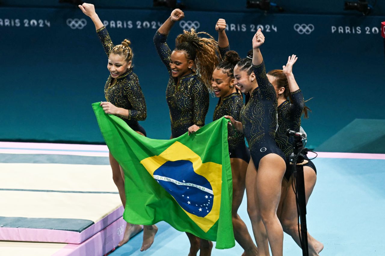 Brazil's team celebrates after winning a bronze metal at the Bercy Arena in Paris, on July 30.