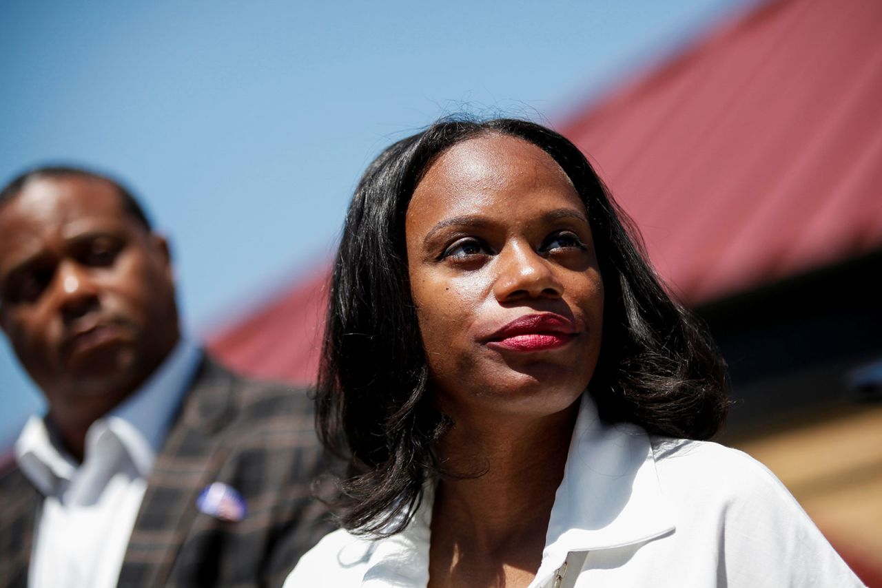 Summer Lee speaks to reporters alongside Pittsburgh Mayor Ed Gainey after voting in the primary election on May 17 in Pittsburgh.