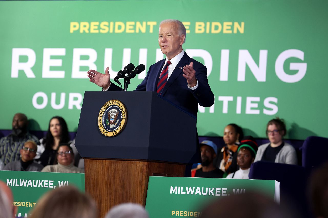 President Joe Biden speaks to guests at the Pieper-Hillside Boys and Girls Club on March 13 in Milwaukee, Wisconsin. Biden will visit Saginaw, Michigan, today.