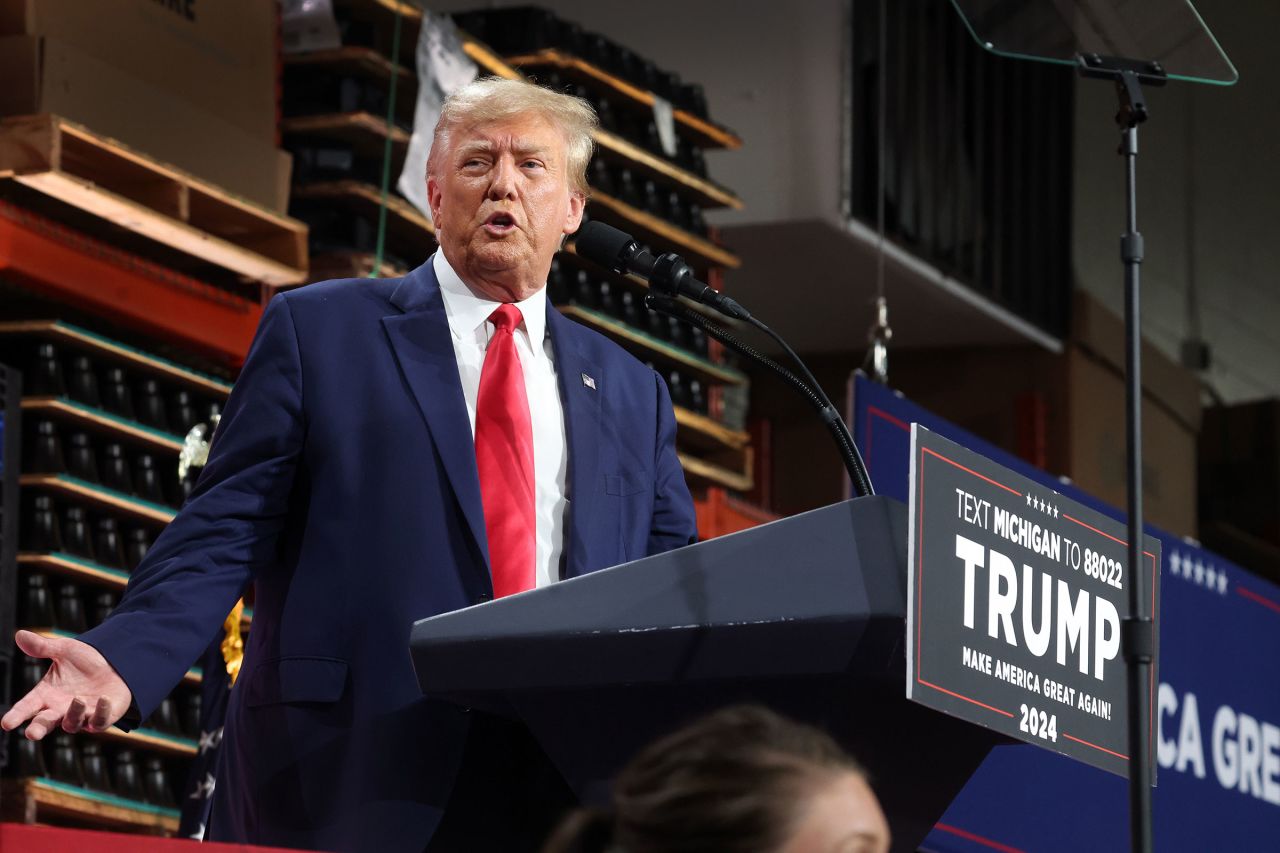 Former President Donald Trump speaks speaks at a campaign rally at Drake Enterprises, an automotive parts manufacturer, on September 27, 2023 in Clinton Township, Michigan. 