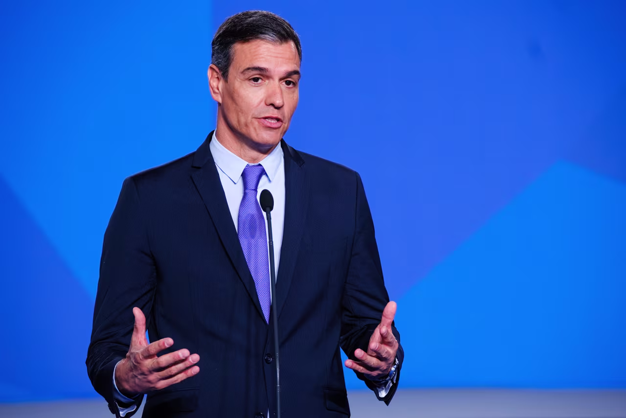 Spanish Prime Minister Pedro Sánchez speaks at the NATO Summit in Madrid, Spain on Tuesday, June 28.