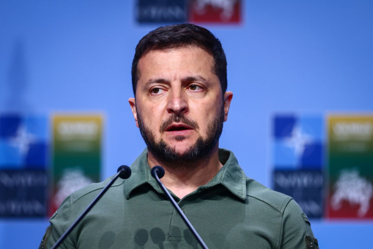 Ukrainian President Volodymyr Zelensky speaks at a press conference during NATO Summit?in Vilnius, Lithuania on July 12.